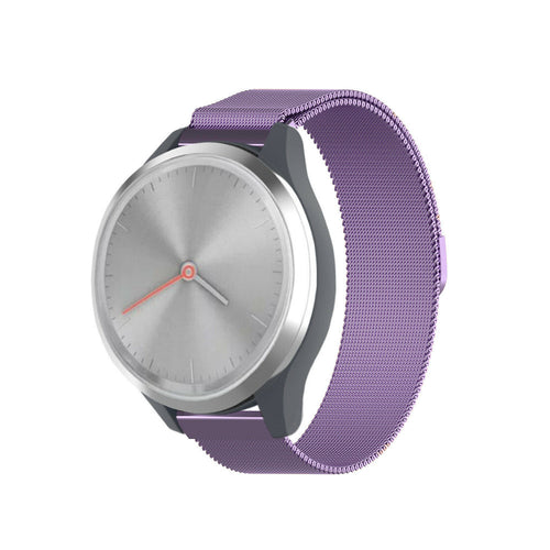 Milanese Strap, purple, on a watch, 3/4 front view