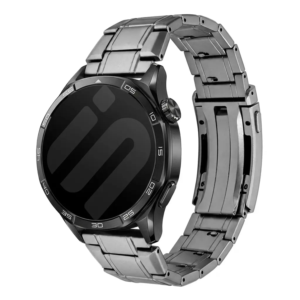 Adjustable Titanium Strap, graphite, on a watch, 3/4 front view