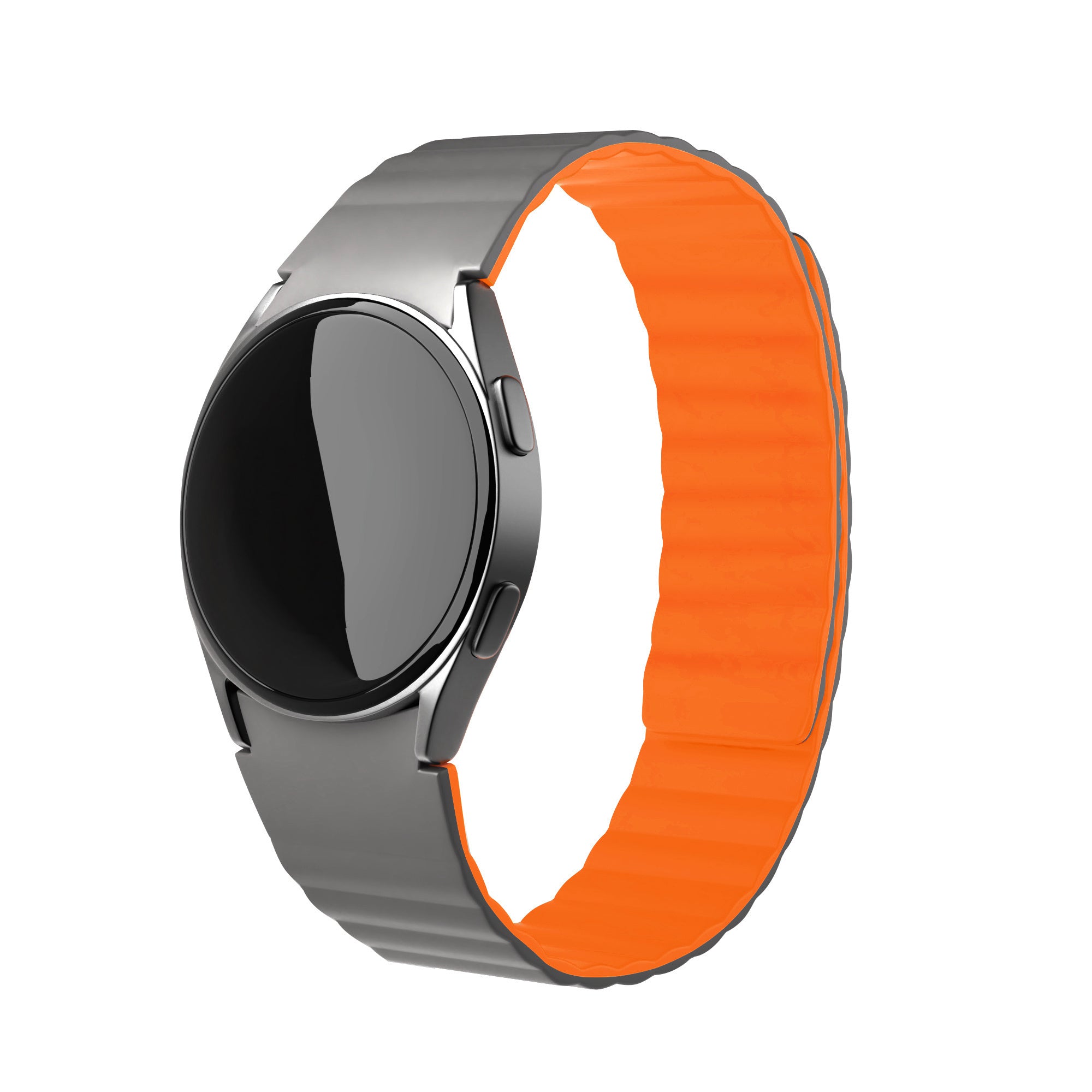 Magnetic Silicone Strap, grey/orange, on a watch, 3/4 front view