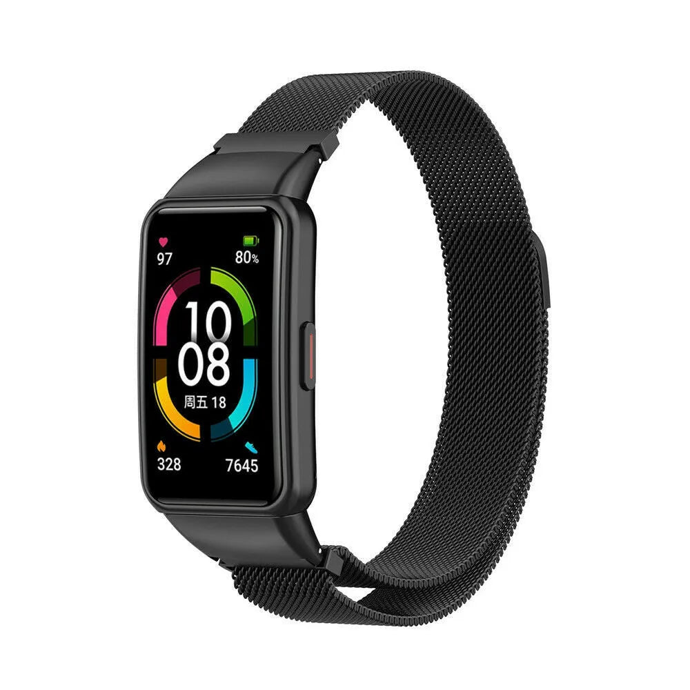 Milanese Strap, black, on a watch, 3/4 front view