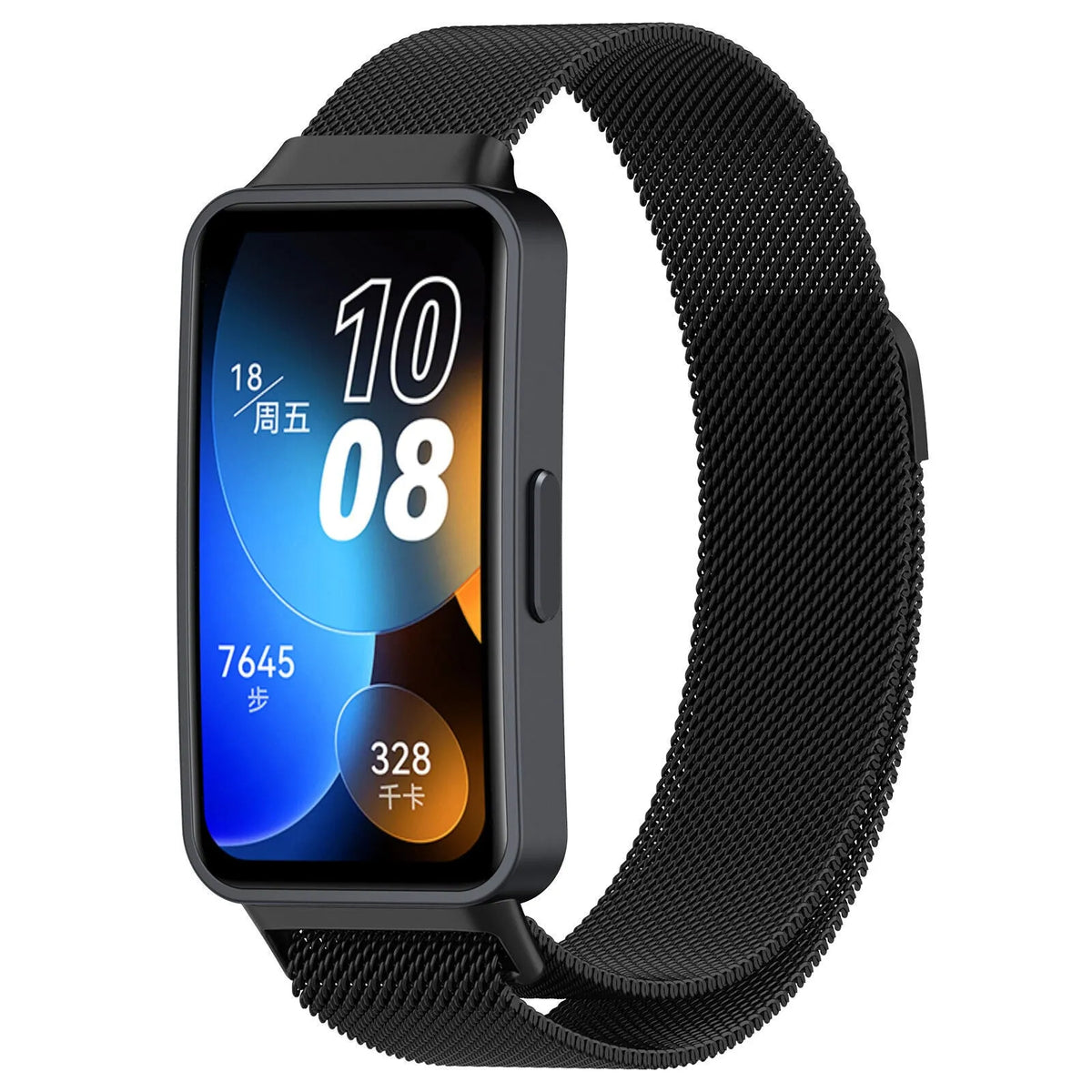 Milanese Strap, black, on a watch, 3/4 front view