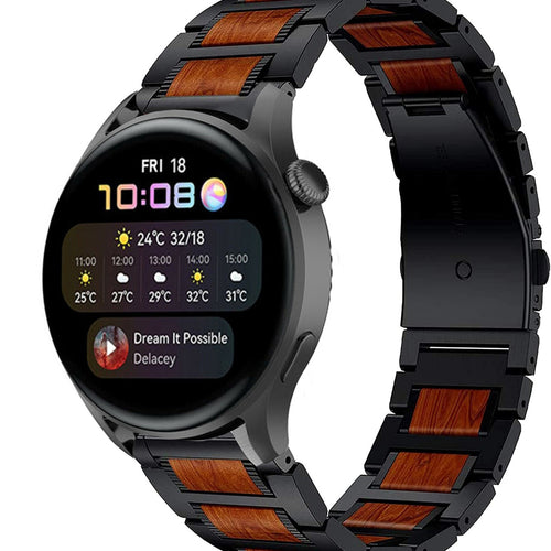 Wood Steel Strap, black, on a watch, 3/4 front view