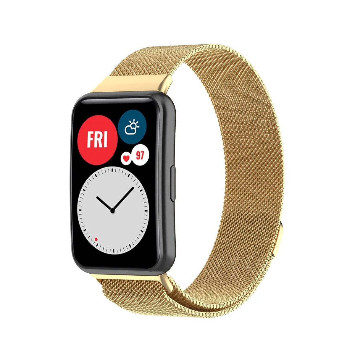 Milanese Strap, gold, on a watch, 3/4 front view