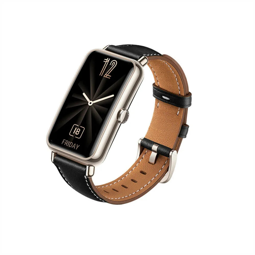 Leather Strap, black, on a watch, 3/4 front view