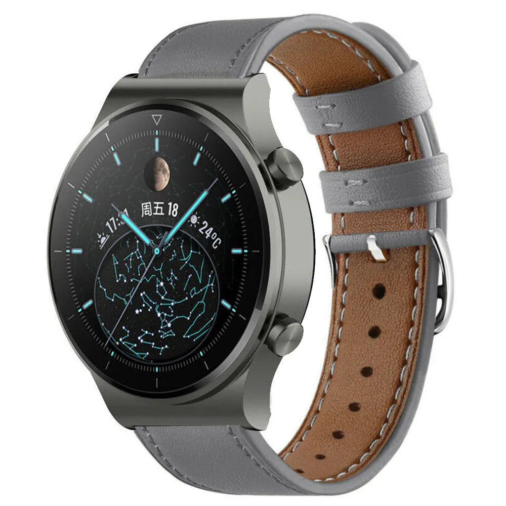 Modern Leather Strap, grey, on a watch, 3/4 front view