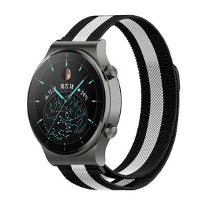 Milanese Strap, black/white, on a watch, 3/4 front view