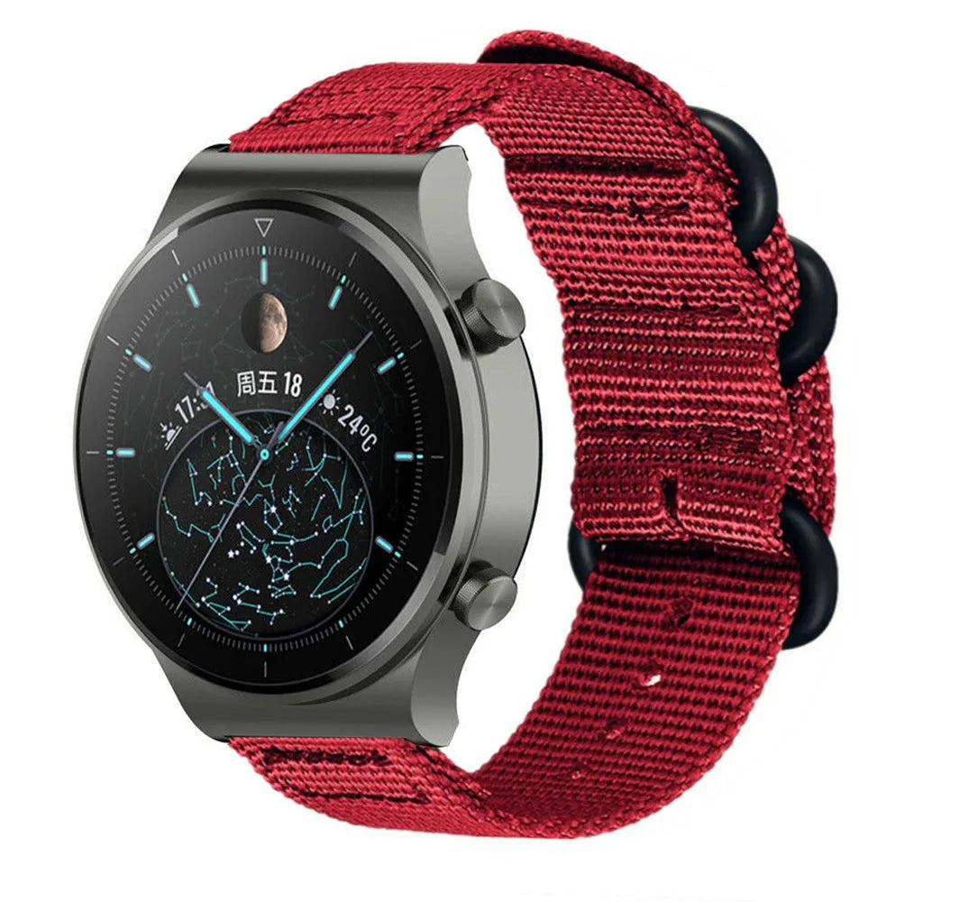 Nylon Buckle Strap, red, on a watch, 3/4 front view