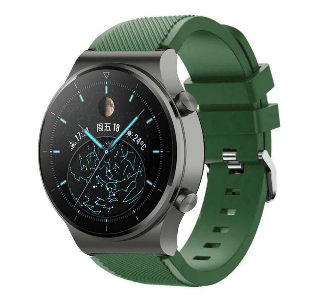 Twill Silicone Strap, army green, on a watch, 3/4 front view