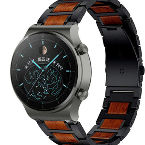 Wood Steel Strap, black, on a watch, 3/4 front view