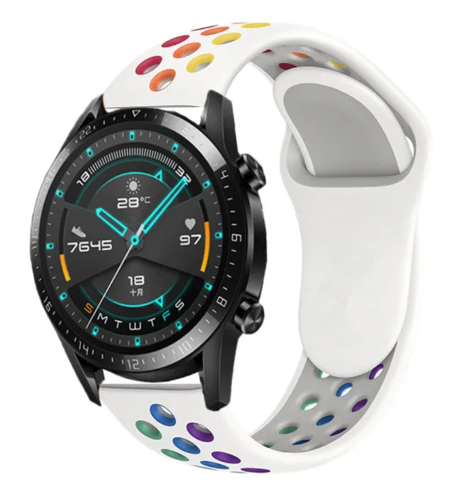 Silicone Sport Strap, white/colourful, on a watch, 3/4 front view