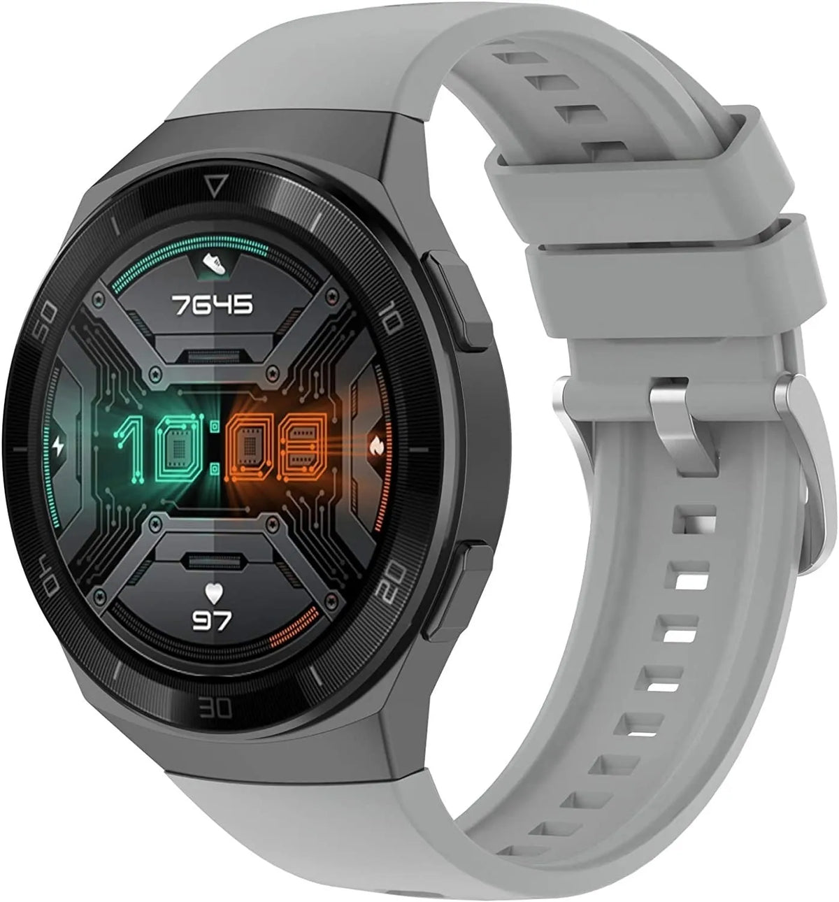 Silicone Strap, grey, on a watch, 3/4 front view