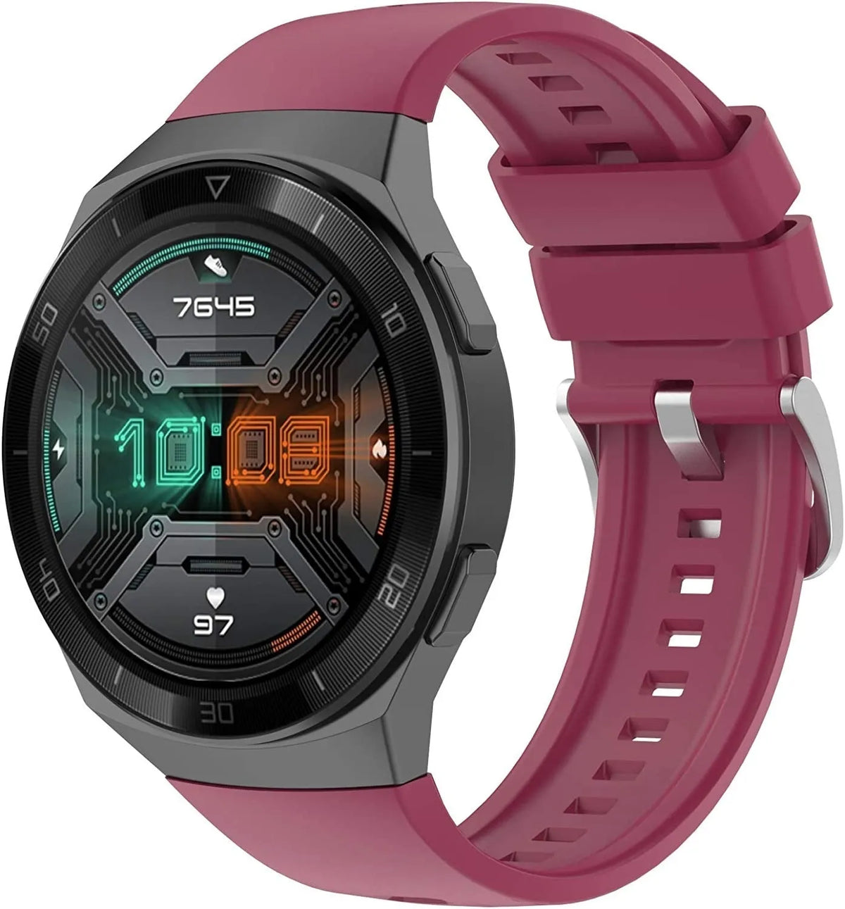 Silicone Strap, burgundy, on a watch, 3/4 front view