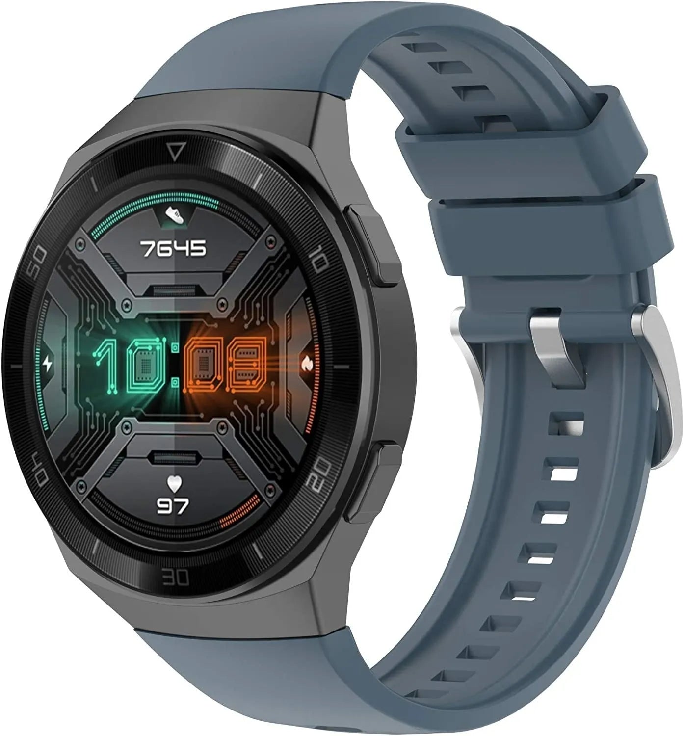 Silicone Strap, grey-blue, on a watch, 3/4 front view