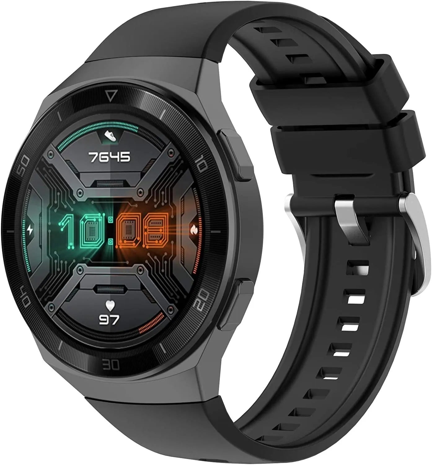 Silicone Strap, black, on a watch, 3/4 front view