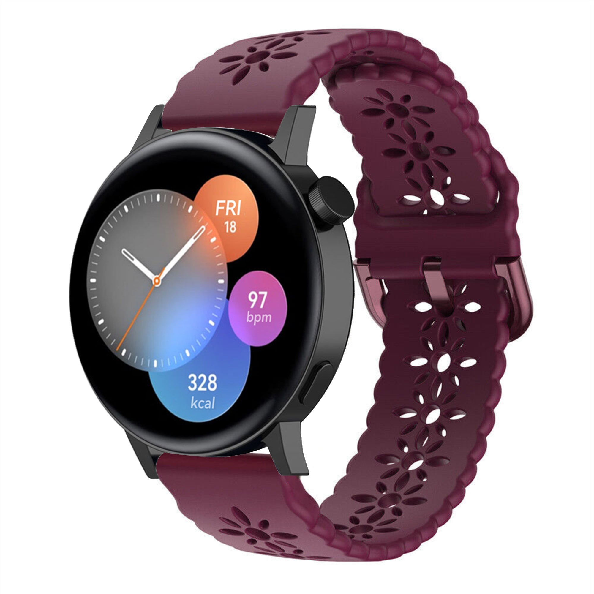 Patterned Silicone Strap, burgundy, on a watch, 3/4 front view