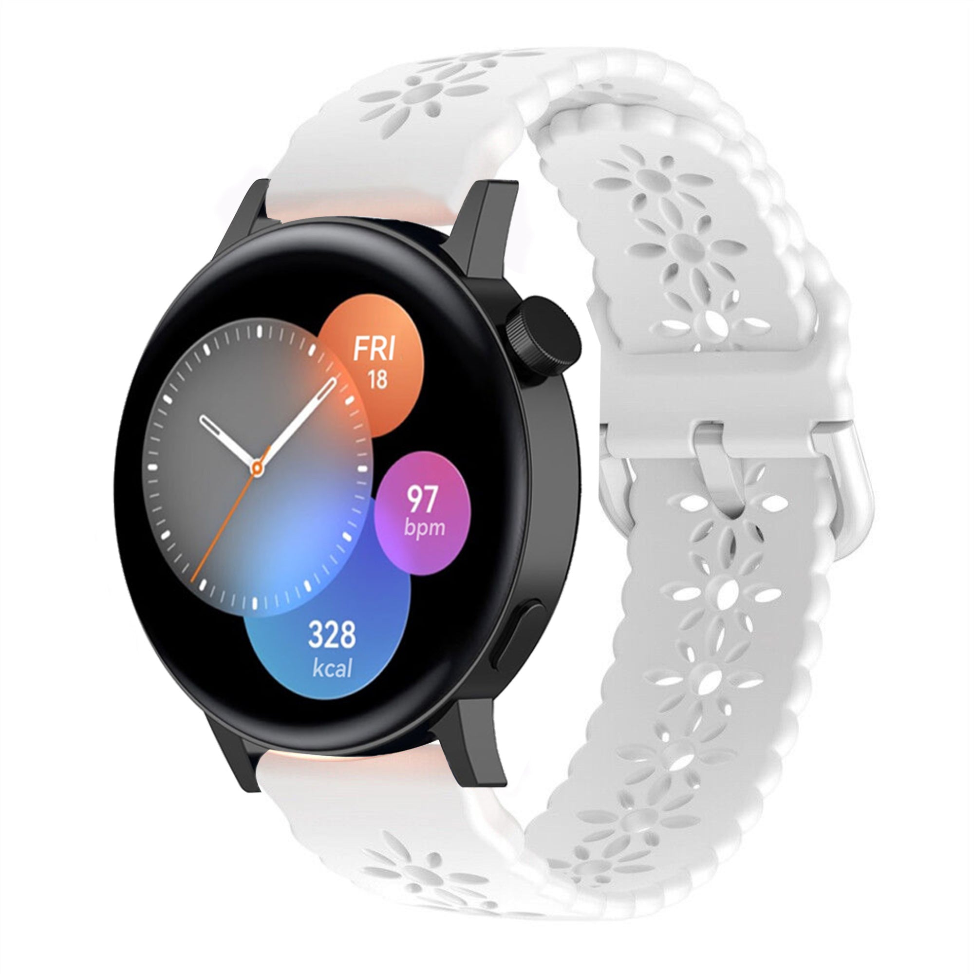 Patterned Silicone Strap, white, on a watch, 3/4 front view