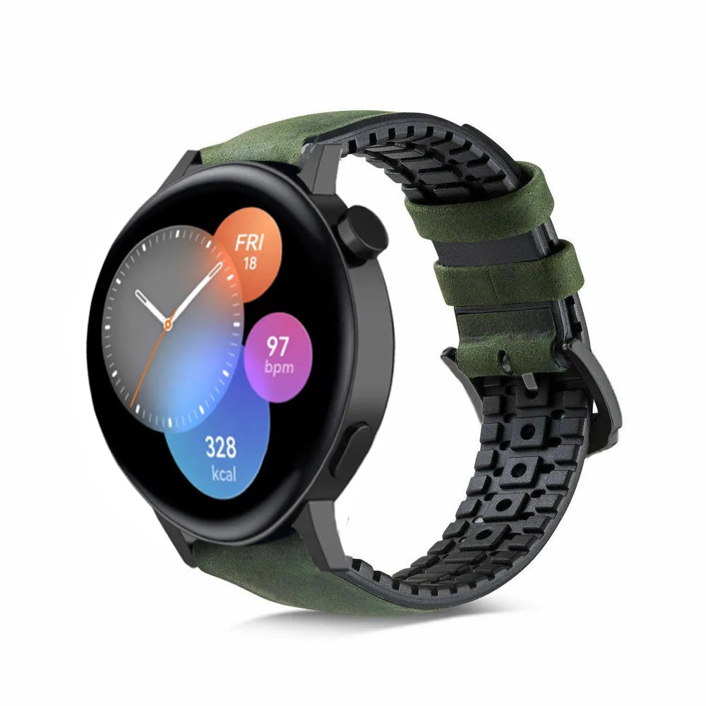 Leather Hybrid Strap, green, on a watch, 3/4 front view