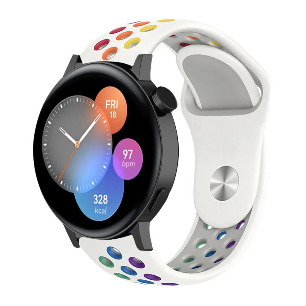 Silicone Sport Strap, white/colourful, on a watch, 3/4 front view