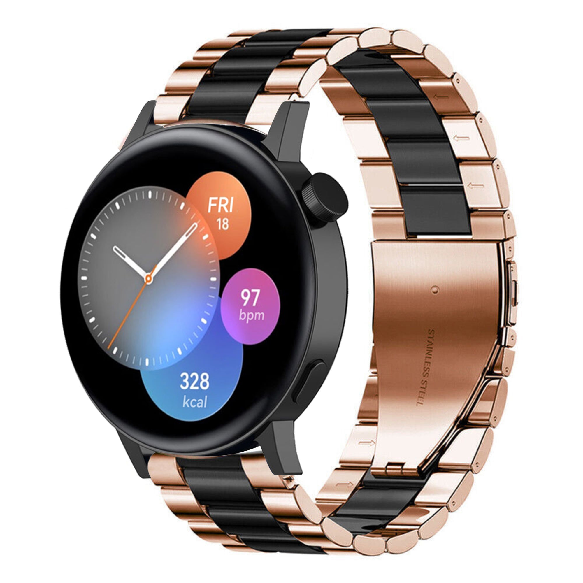 Steel Strap, rose gold/black, on a watch, 3/4 front view