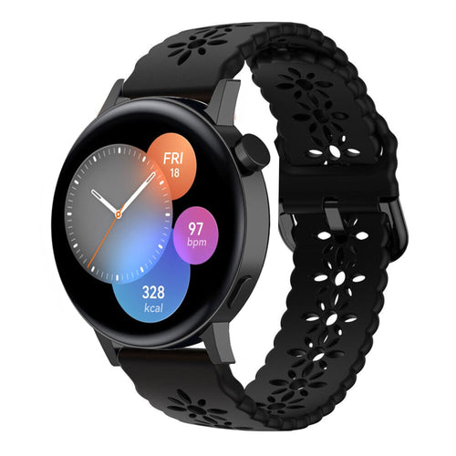 Patterned Silicone Strap, black, on a watch, 3/4 front view