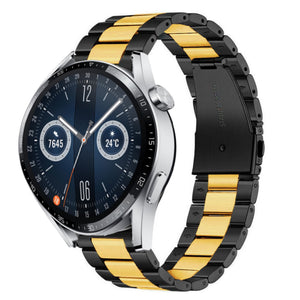 Steel Strap, black/gold, on a watch, 3/4 front view