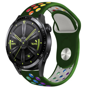 Silicone Sport Strap, army green/colourful, on a watch, 3/4 front view
