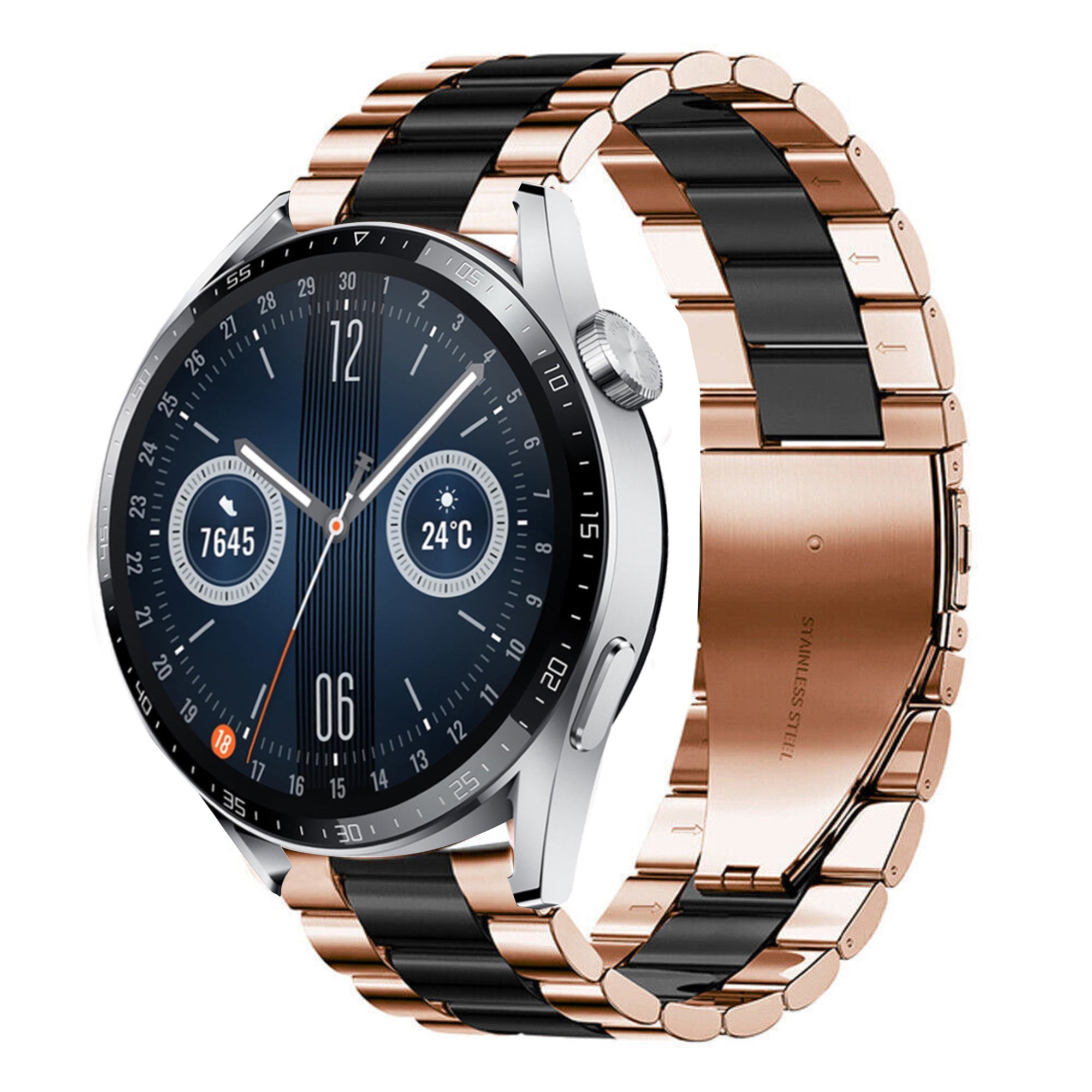 Steel Strap, rose gold/black, on a watch, 3/4 front view