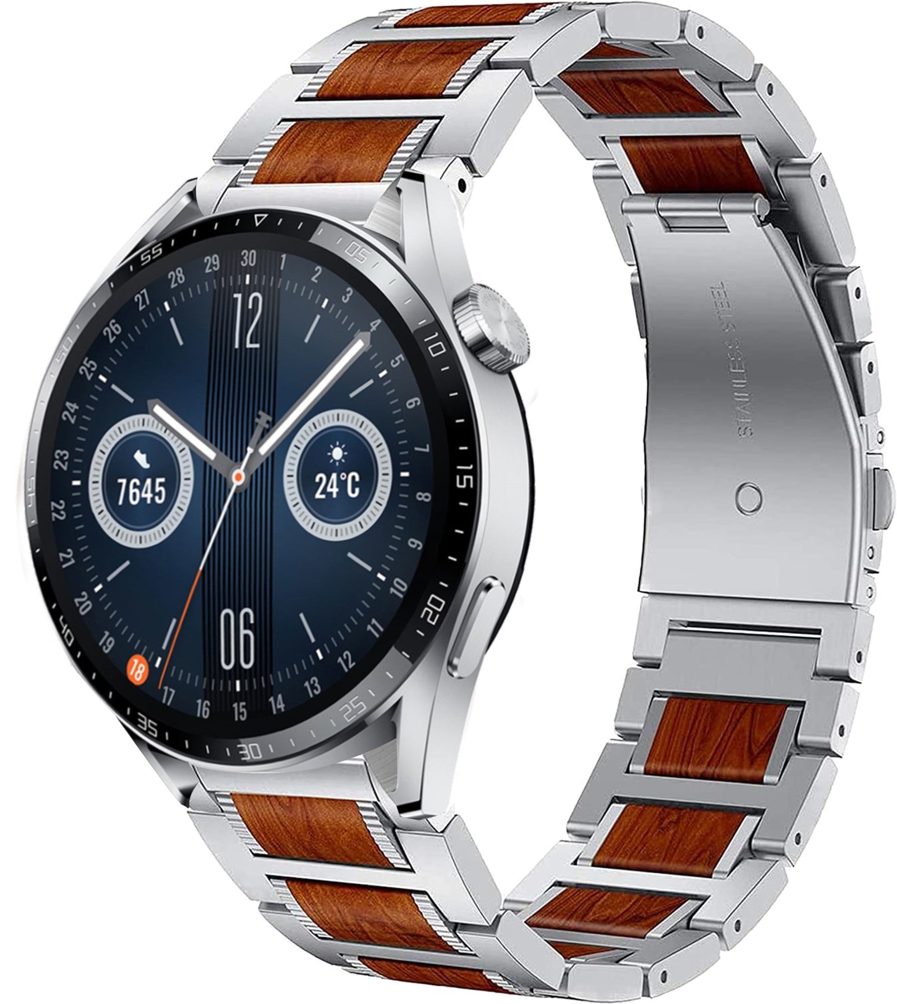 Wood Steel Strap, silver, on a watch, 3/4 front view