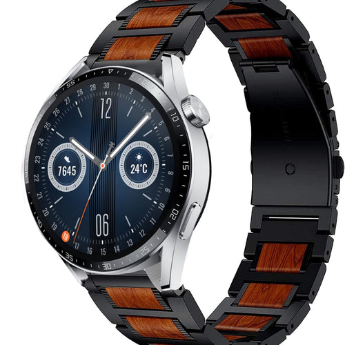 Wood Steel Strap, black, on a watch, 3/4 front view