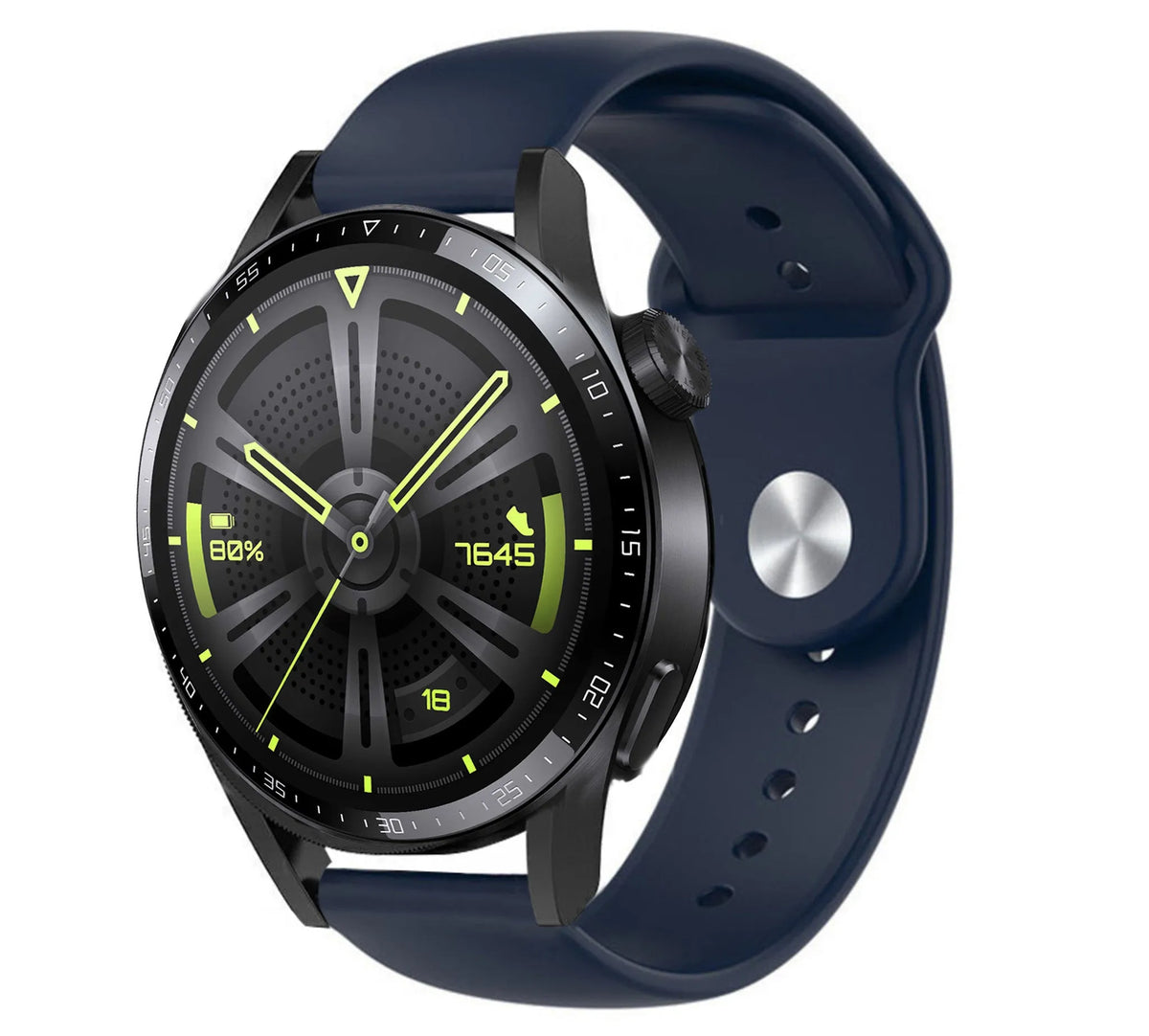 Silicone Sport Strap, dark blue, on a watch, 3/4 front view