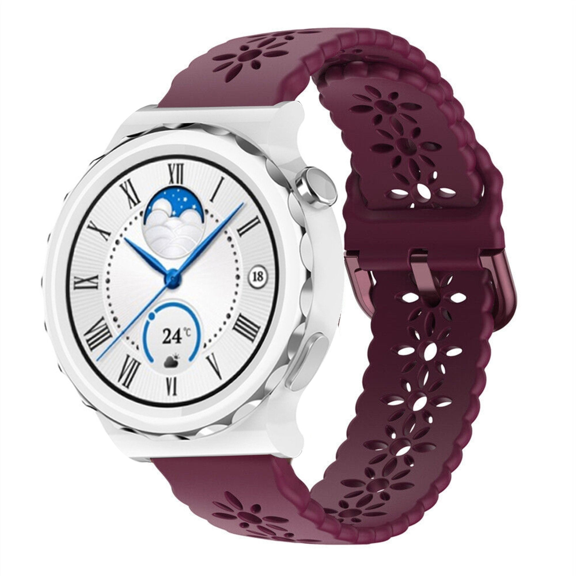 Patterned Silicone Strap, burgundy, on a watch, 3/4 front view