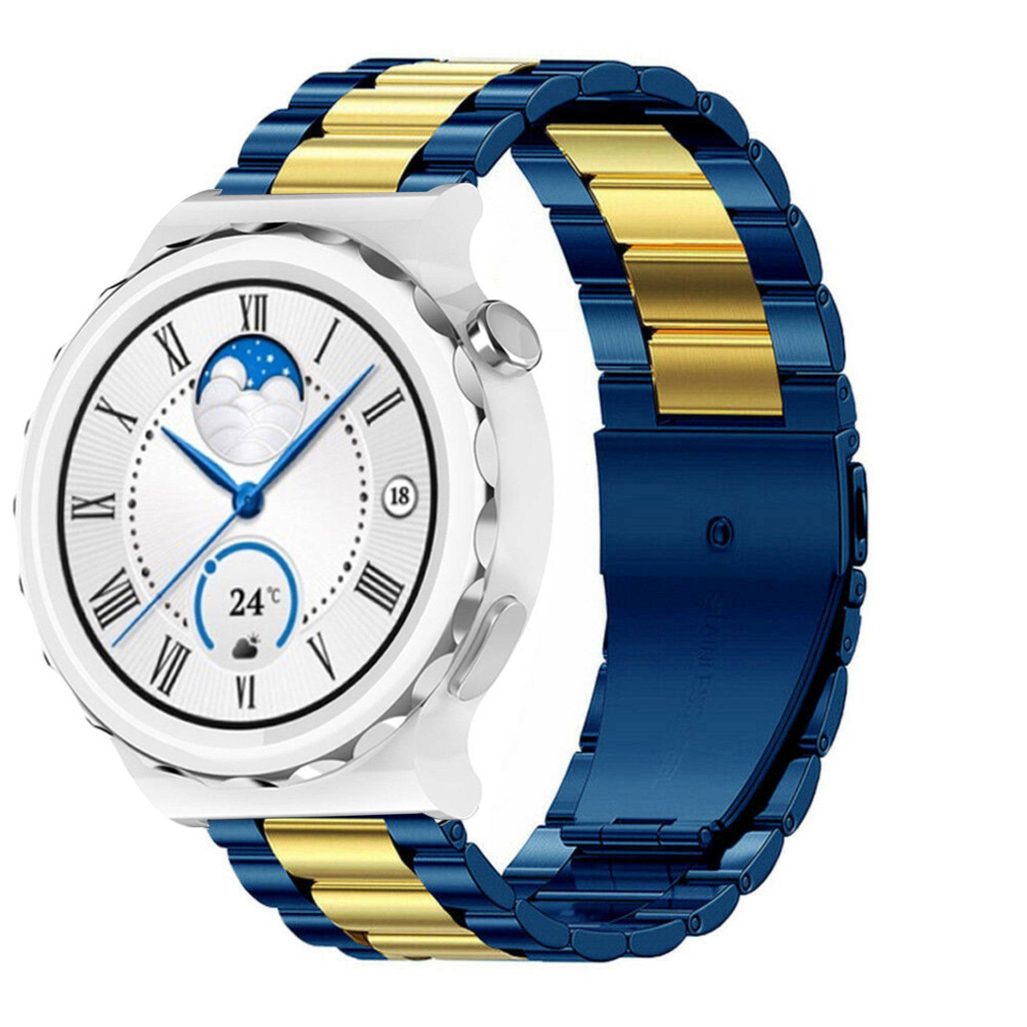 Steel Strap, blue/gold, on a watch, 3/4 front view