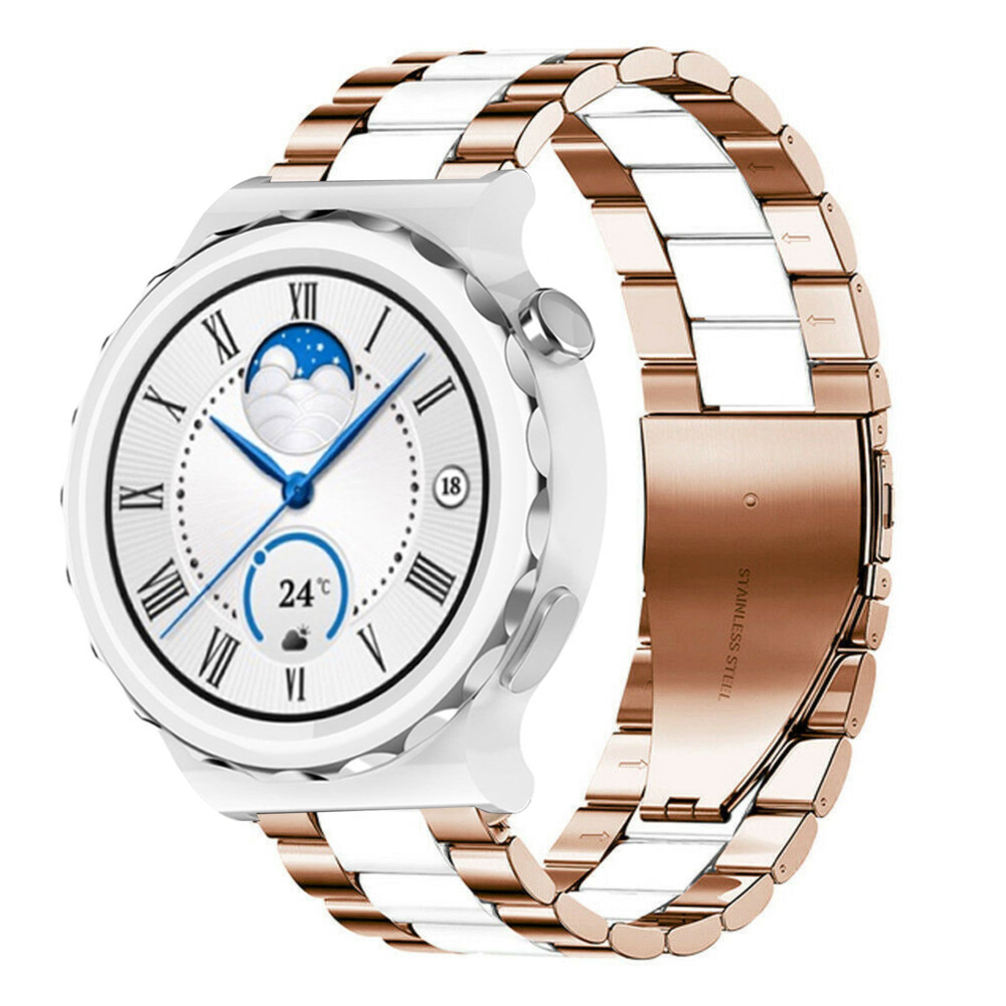 Steel Strap, rose gold/white, on a watch, 3/4 front view