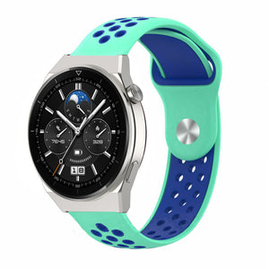 Silicone Sport Strap, aqua/blue, on a watch, 3/4 front view