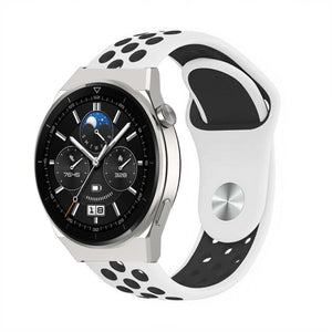 Silicone Sport Strap, white/black, on a watch, 3/4 front view