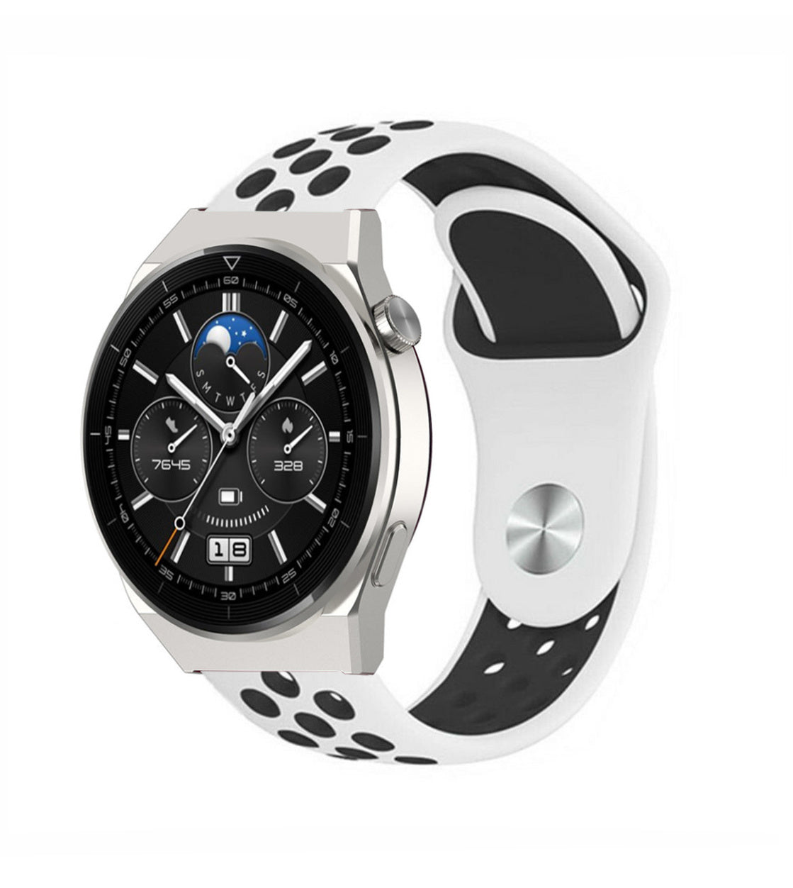 Silicone Sport Strap, white/black, on a watch, 3/4 front view