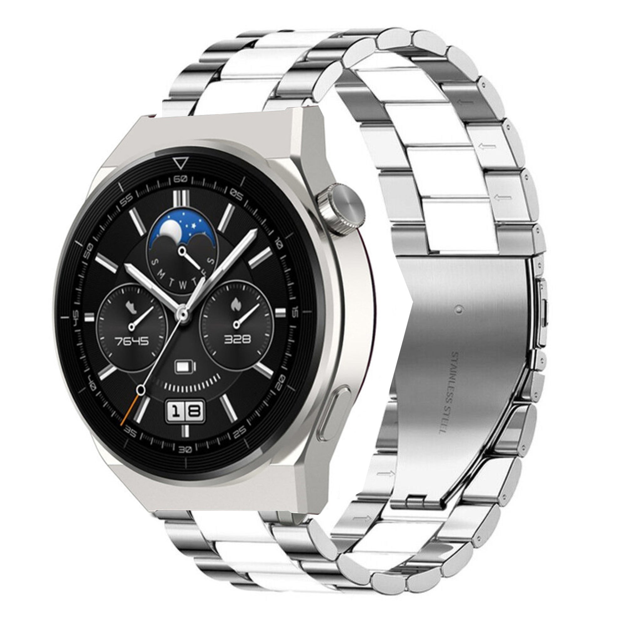 Steel Strap, silver/white, on a watch, 3/4 front view