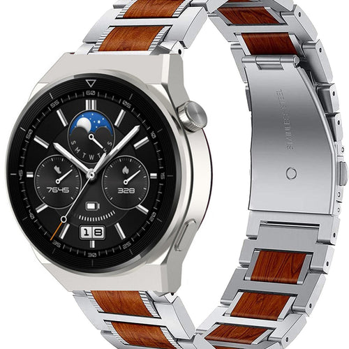 Wood Steel Strap, silver, on a watch, 3/4 front view