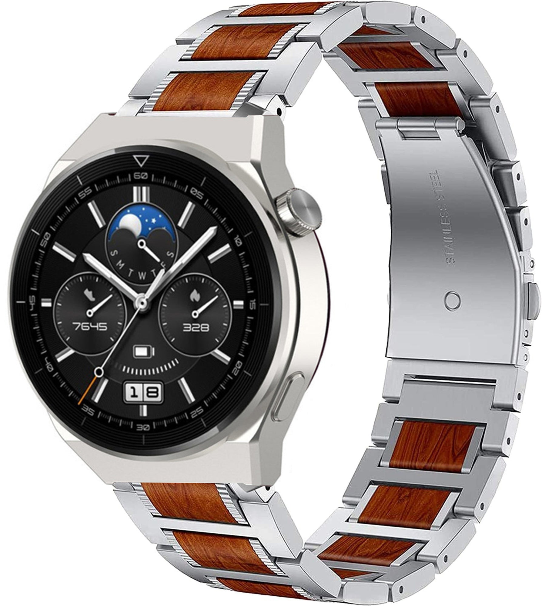 Wood Steel Strap, silver, on a watch, 3/4 front view