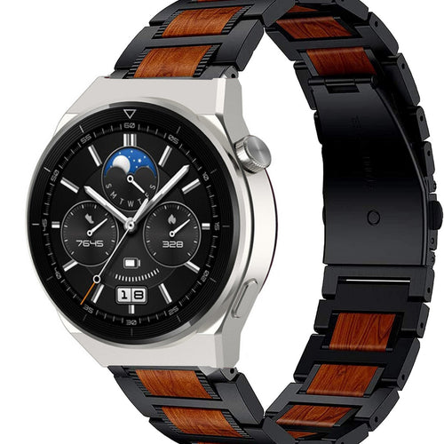 Wood Steel Strap, black, on a watch, 3/4 front view