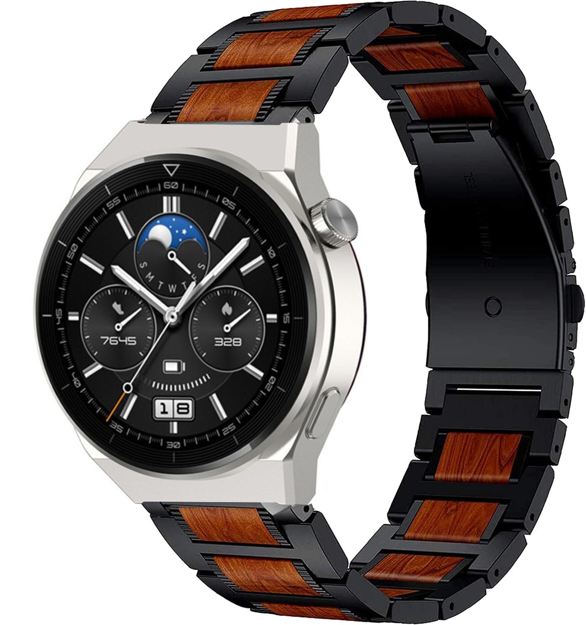 Wood Steel Strap, black, on a watch, 3/4 front view