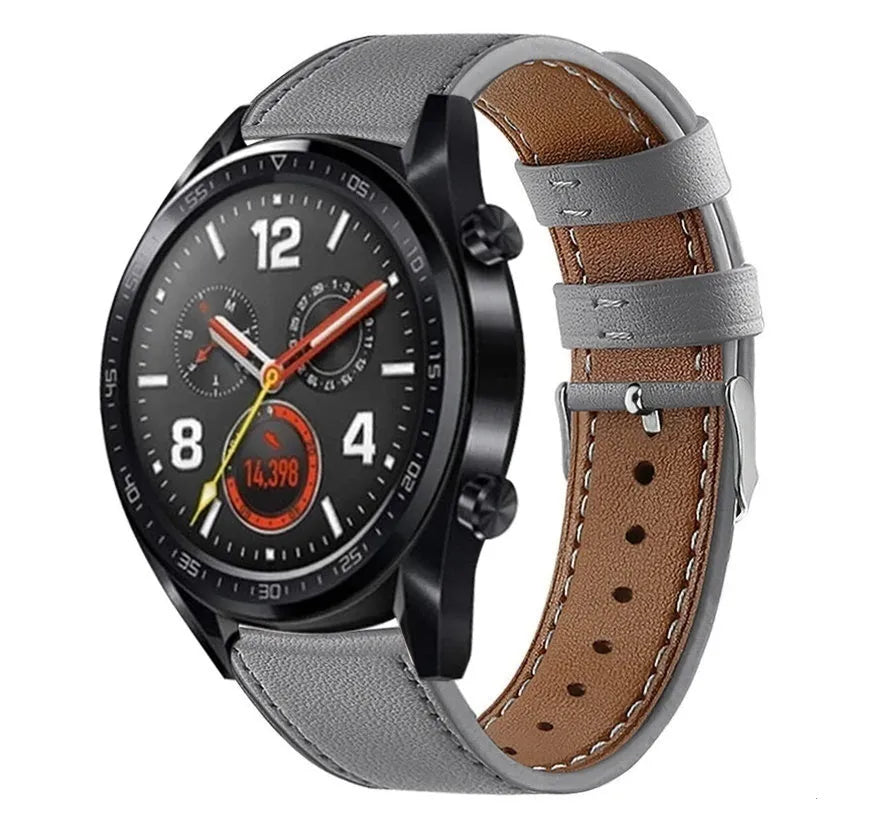 Modern Leather Strap, grey, on a watch, 3/4 front view