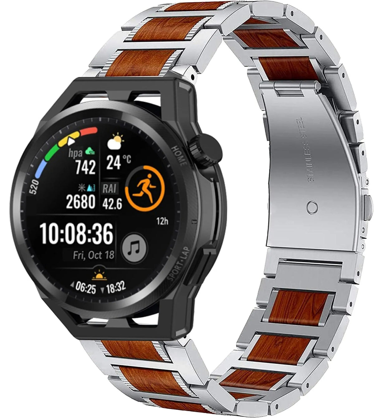 Wood Steel Strap, silver, on a watch, 3/4 front view
