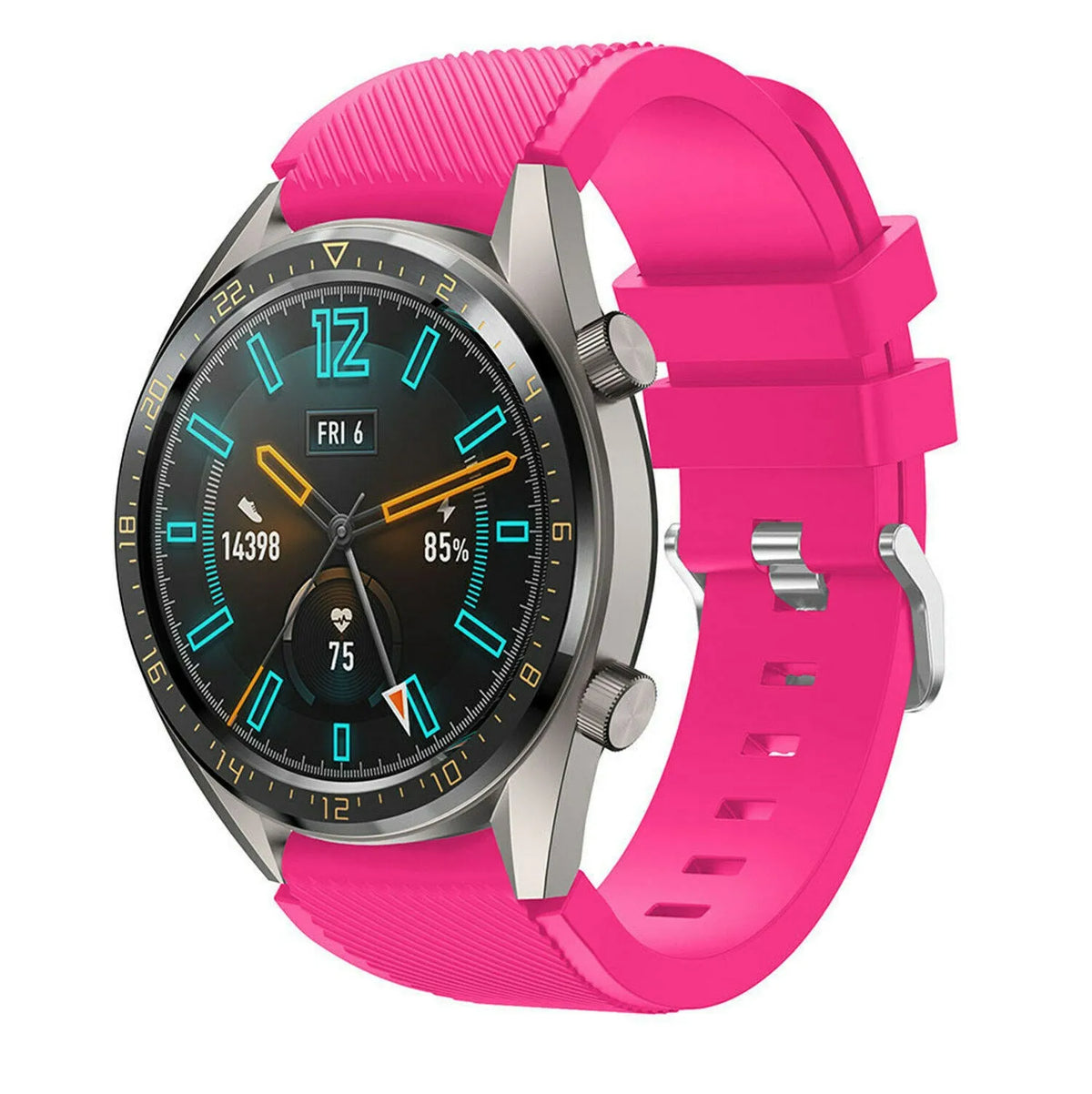 Twill Silicone Strap, bright pink, on a watch, 3/4 front view