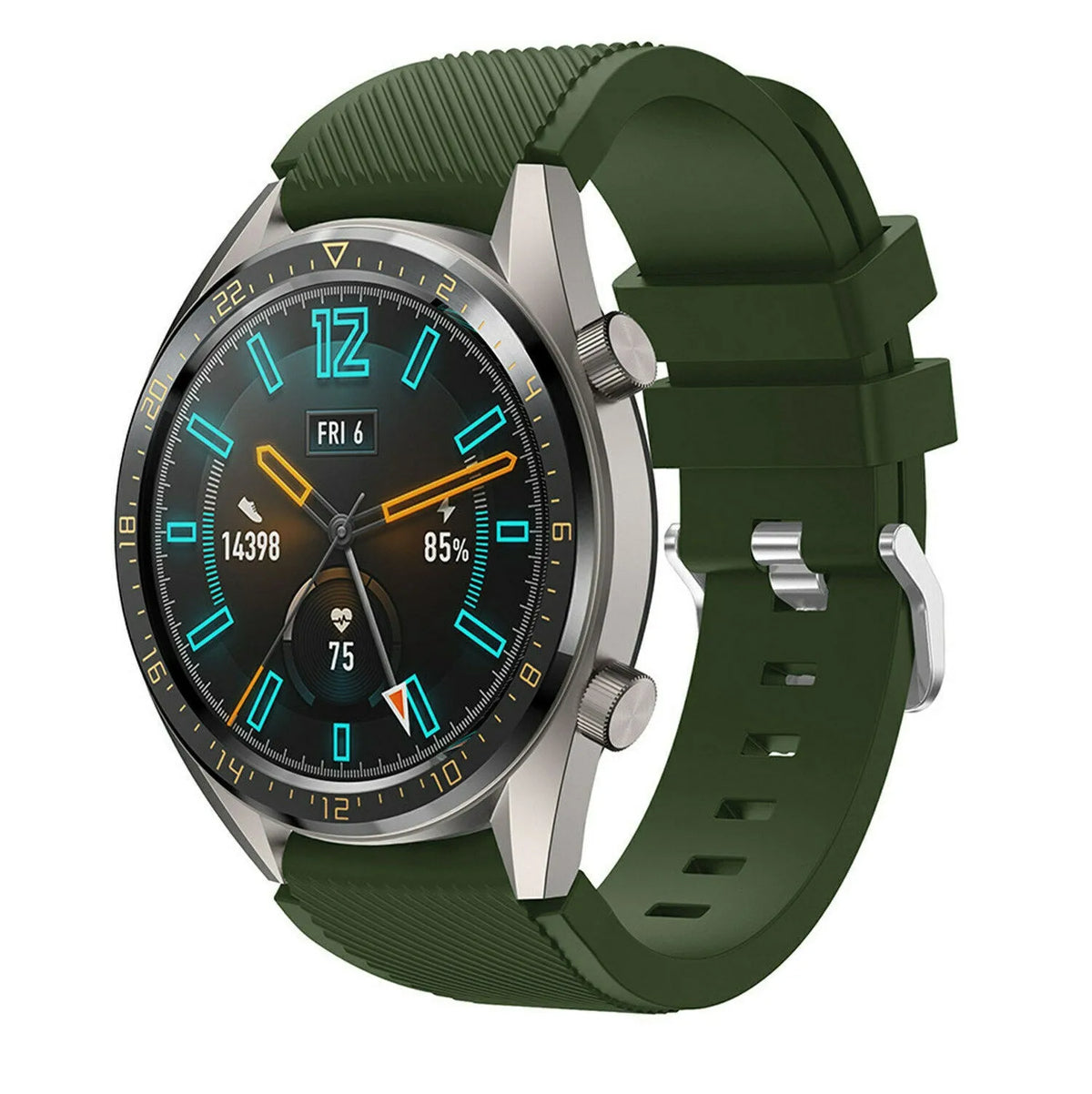 Twill Silicone Strap, army green, on a watch, 3/4 front view