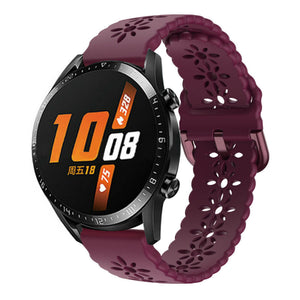 Patterned Silicone Strap, burgundy, on a watch, 3/4 front view