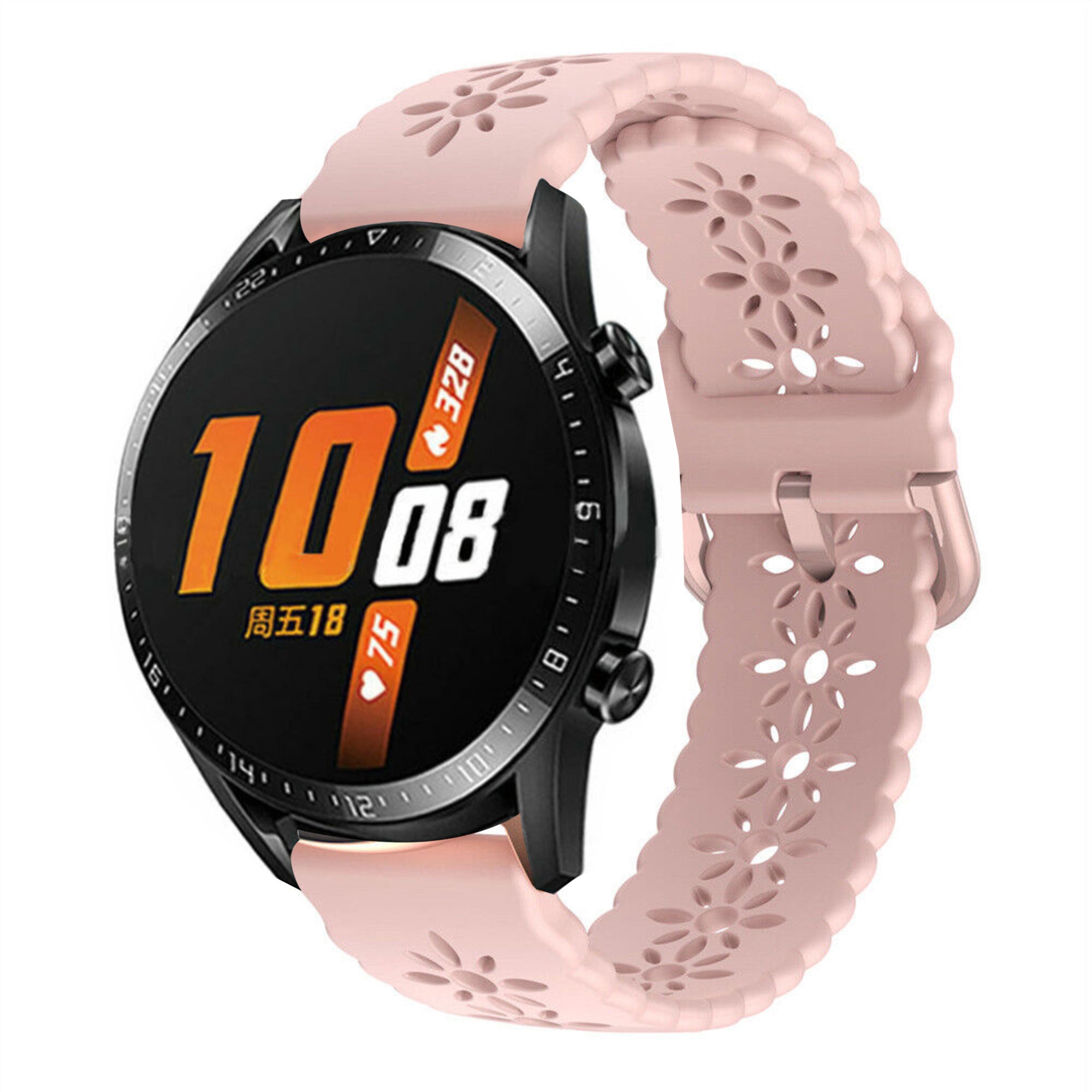 Patterned Silicone Strap, pink, on a watch, 3/4 front view