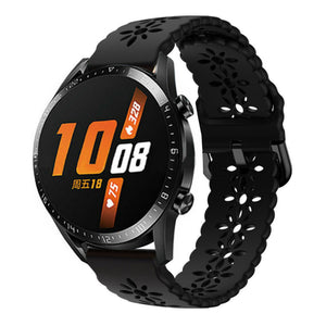 Patterned Silicone Strap, black, on a watch, 3/4 front view