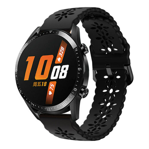 Patterned Silicone Strap, black, on a watch, 3/4 front view