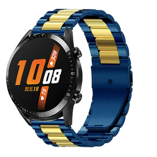 Steel Strap, blue/gold, on a watch, 3/4 front view